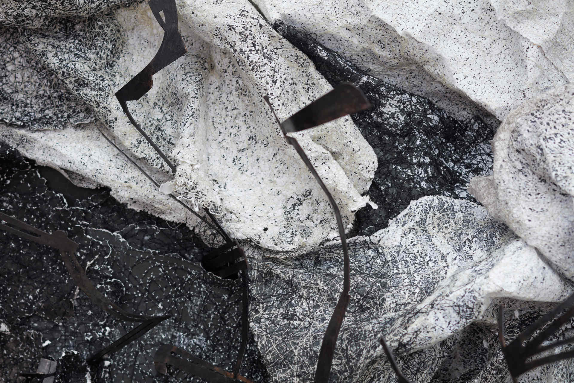 Susan Roux, Acid Migration (detail), 2020, ink, carbon, thread and polished steel on archival photographic print, 150 x 270 x 50cm (7)