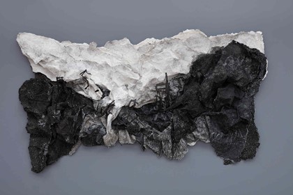 Susan Roux, Acid Migration, 2020, ink, carbon, thread and polished steel on archival photographic print, 150 x 270 x 50cm (2)