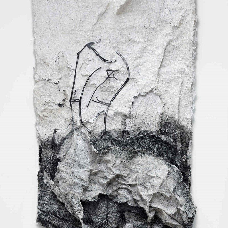 Eradicate Couture, 2020, ink, carbon, thread and polished steel on archival photographic print, 160 x 85 x 30cm