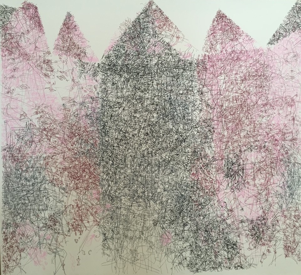 Gosia Wlodarczak, Dust Cover for ACWA, Walk in Wardrobe Furniture (Dress Hanger), performance drawing, 2015, pigment pen on linen, 140 x 170cm