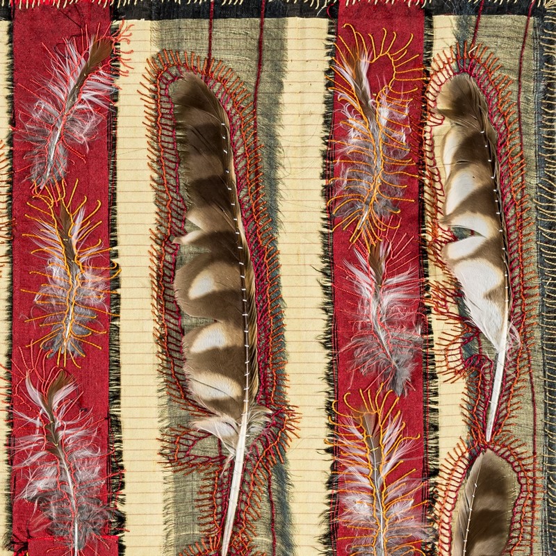 Megan Kirwan-Ward, Airbound (detail), 2018, silk, silk organza, linen, kestrel feathers, cotton thread, 47 x 47cm