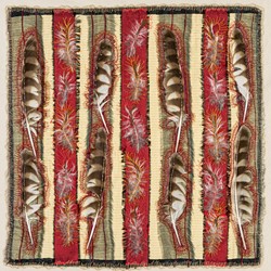Megan Kirwan-Ward, Airbound, silk, silk organza, kestrel feathers, cotton and silk thread on linen, 48 x 47cm