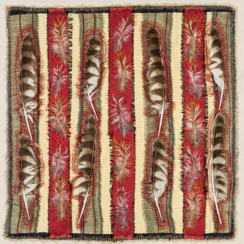 Megan Kirwan-Ward, Airbound (detail), 2018, silk, silk organza, linen, kestrel feathers, cotton thread, 47 x 47cm