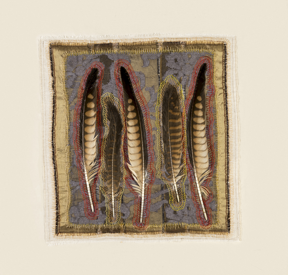 Megan Kirwan-Ward, Reach, lace, kestrel feathers, cotton, cotton thread on linen, 46 x 44cm