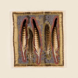 Megan Kirwan-Ward, Reach, lace, kestrel feathers, cotton, cotton thread on linen, 46 x 44cm