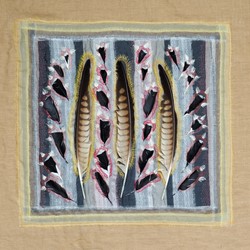 Megan Kirwan-Ward, Shield, silk, organza, kestrel feathers and cotton thread on cotton, 49 x 51cm