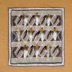 Megan Kirwan-Ward, Thread Lines, brocade, silk, owl and kestrel feathers, linen and cotton thread on cotton, 52 x 50cm