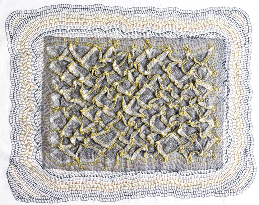 Megan Kirwan-Ward, Rift Green, cord and cotton thread on printed fabric, 49 x 40cm