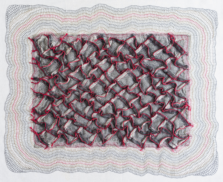 Megan Kirwan-Ward, Rift Red, cord and cotton thread on printed cotton fabric, 46 x 40cm