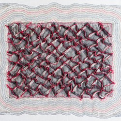 Megan Kirwan-Ward, Rift Red, cord and cotton thread on printed cotton fabric, 46 x 40cm