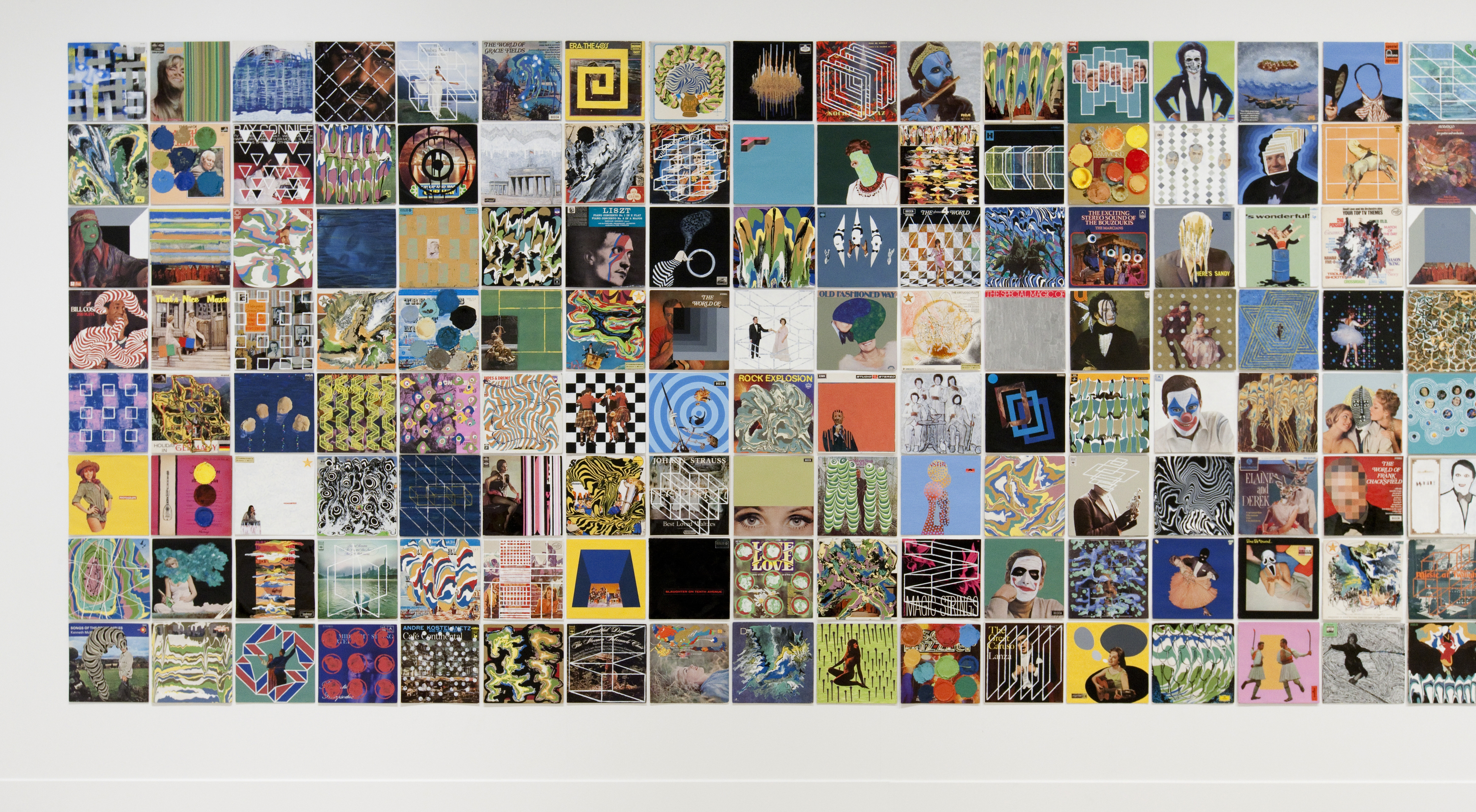 Alex Spremberg, Recover (detail), 2014–2016, enamel on cardboard (repurposed album covers), 232 works. Installation view, Art Gallery of Western Australia