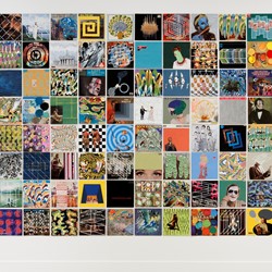 Alex Spremberg, Recover (detail), 2014–2016, enamel on cardboard (repurposed album covers), 232 works. Installation view, Art Gallery of Western Australia