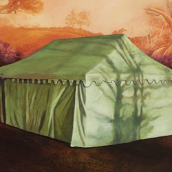 Robert Gear, Memory of a Green Canvas Tent, 2020, oil on board, 29 x 41cm