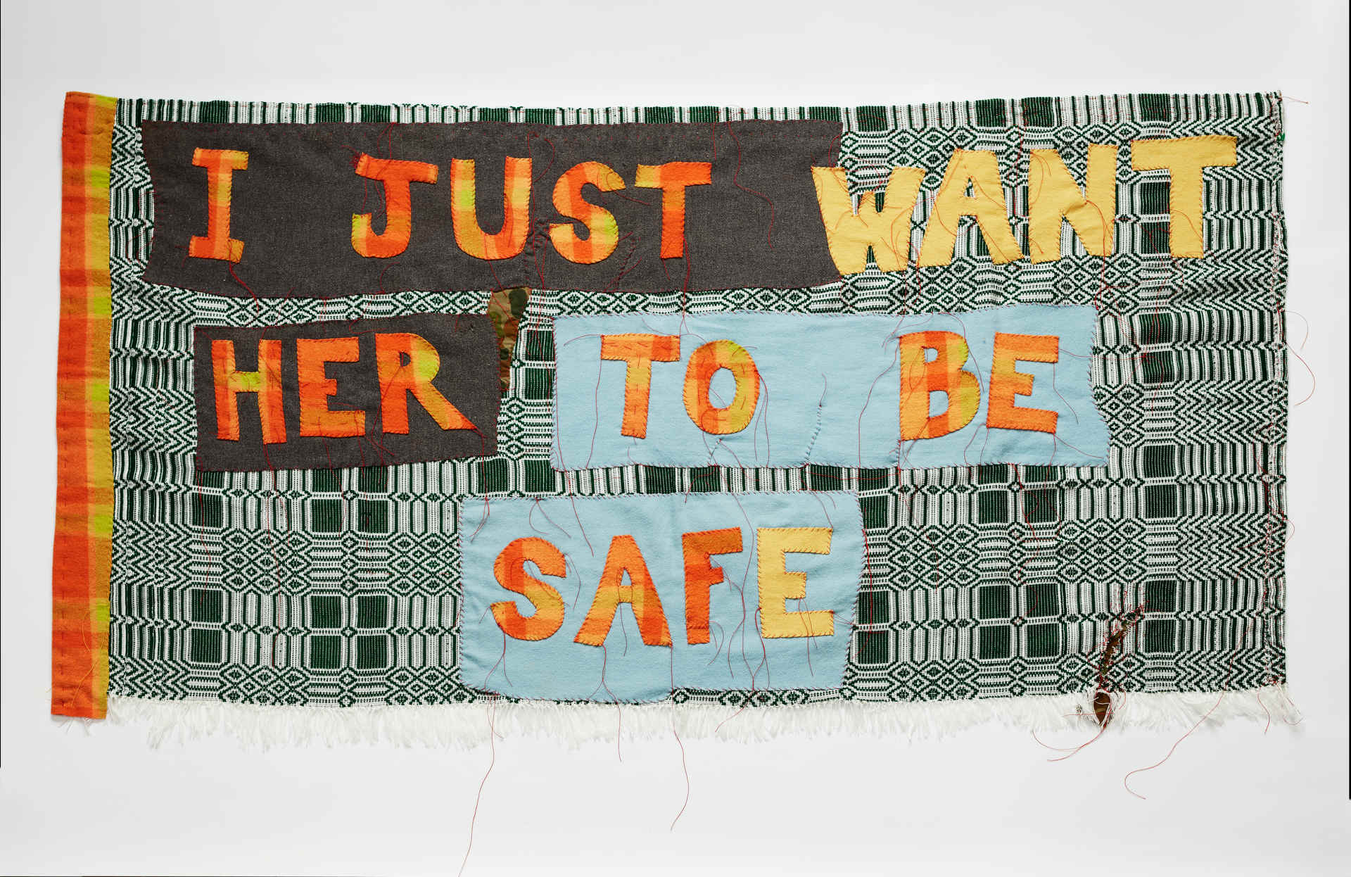 Olga Cironis, I Just Want Her to Be Safe, 2019, woollen blanket and cotton thread on Greek fabric, 106 x 187cm