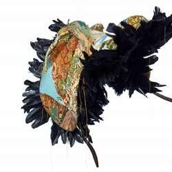 Olga Cironis, Falling Into Your Arms (detail), 2018, two repurposed stock horse saddles and tapestry, feathers, military fabric, cotton and gold thread, 300 x 640 x 1200cm. Janet Holmes a Court Collection