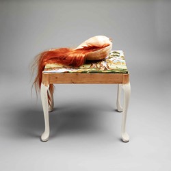Olga Cironis, English Rose, 2019,  tapestry on wooden stool,  shell and hair, 45 x 35 x 49cm