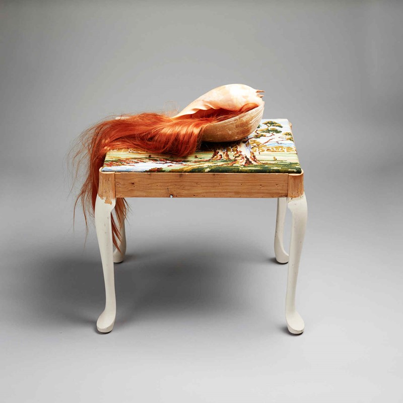 English Rose, 2019, repurposed furniture and tapestry, shell and hair, 45 x 35 x 49cm