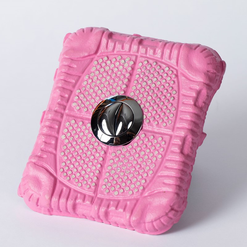 Push Button Painting (Pink), 2020, acrylic paint and plastic, 16 x 18 x 4cm