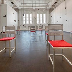 Olga Cironis, Forest of Voices, 2020, steel chairs, red velvet cushions and speakers. Acorn Photo