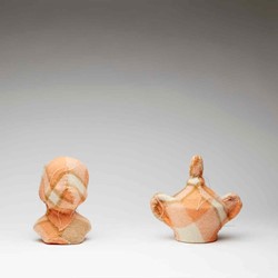 Olga Cironis, Ambition, 2004, repurposed ceramic ornaments, woollen blankets and thread, 20.5 x 12 x 12cm; 19.5 x 13 x 13cm; 19 x 20 x 12cm