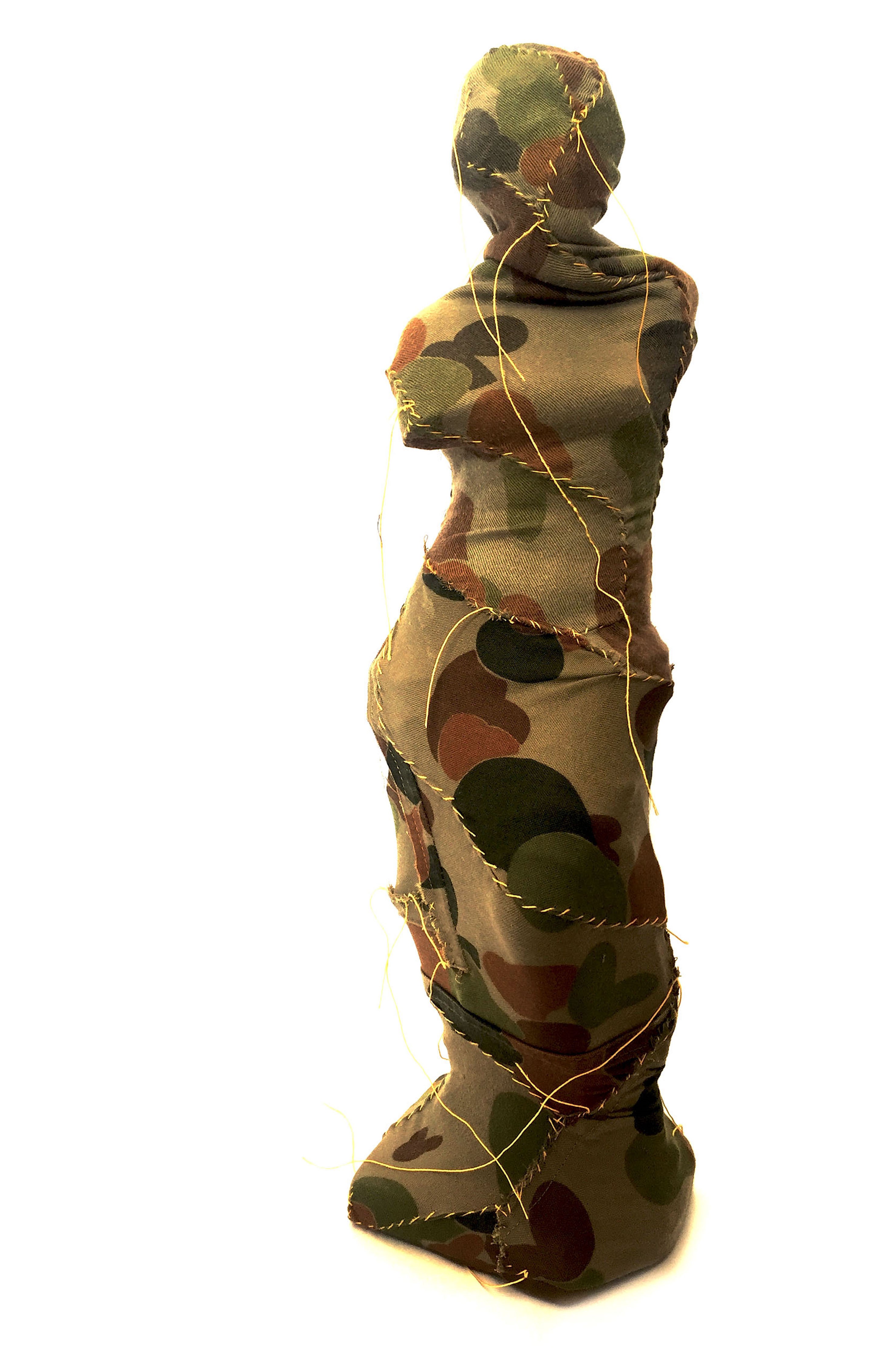 Olga Cironis, Echo Watching, 2016, ceramic ornament, military fabric and cotton thread, 48 x 14 x 10cm