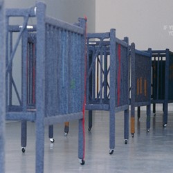 Olga Cironis, Under Cover, 2002, repurposed wooden cots, military blankets, cotton thread and castors with projected wall text, installation dimensions variable