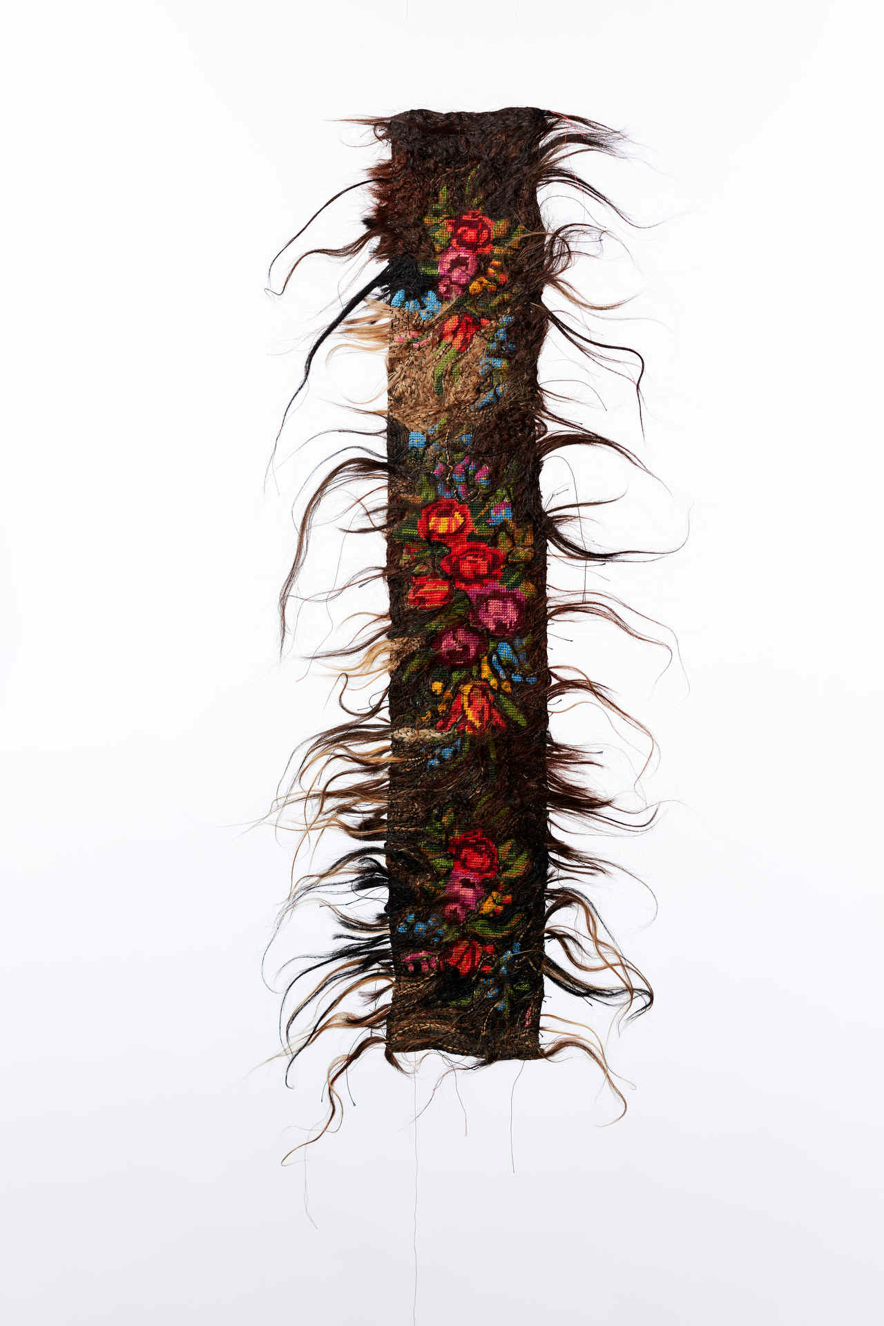 Olga Cironis, Aphrodite's Lover's Belt, 2014, repurposed embroidery, military fabric, hair and thread (front)