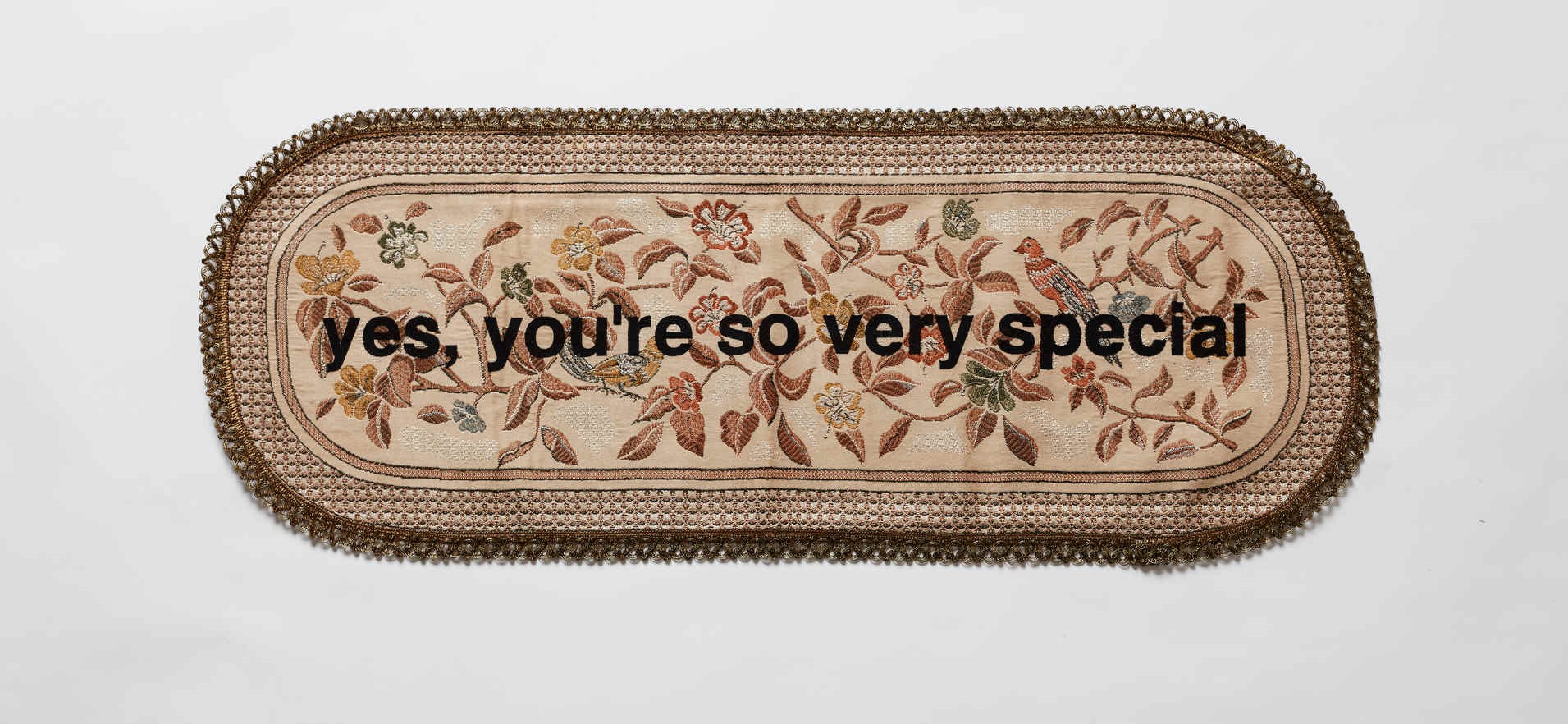 Olga Cironis, Yes You Are So Very Special, 2014, screenprint on Damask fabric, 37 x 95cm
