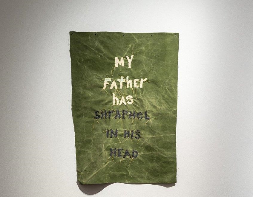 Olga Cironis, My Father Has Shrapnel in His Head, 2016, military canvas, woollen blankets and cotton thread, 102.5 x 71cm