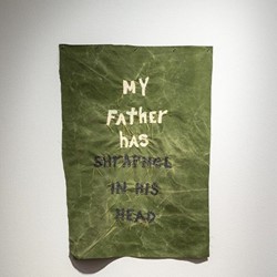 Olga Cironis, My Father Has Shrapnel in His Head, 2016, military canvas, woollen blankets and cotton thread, 102.5 x 71cm