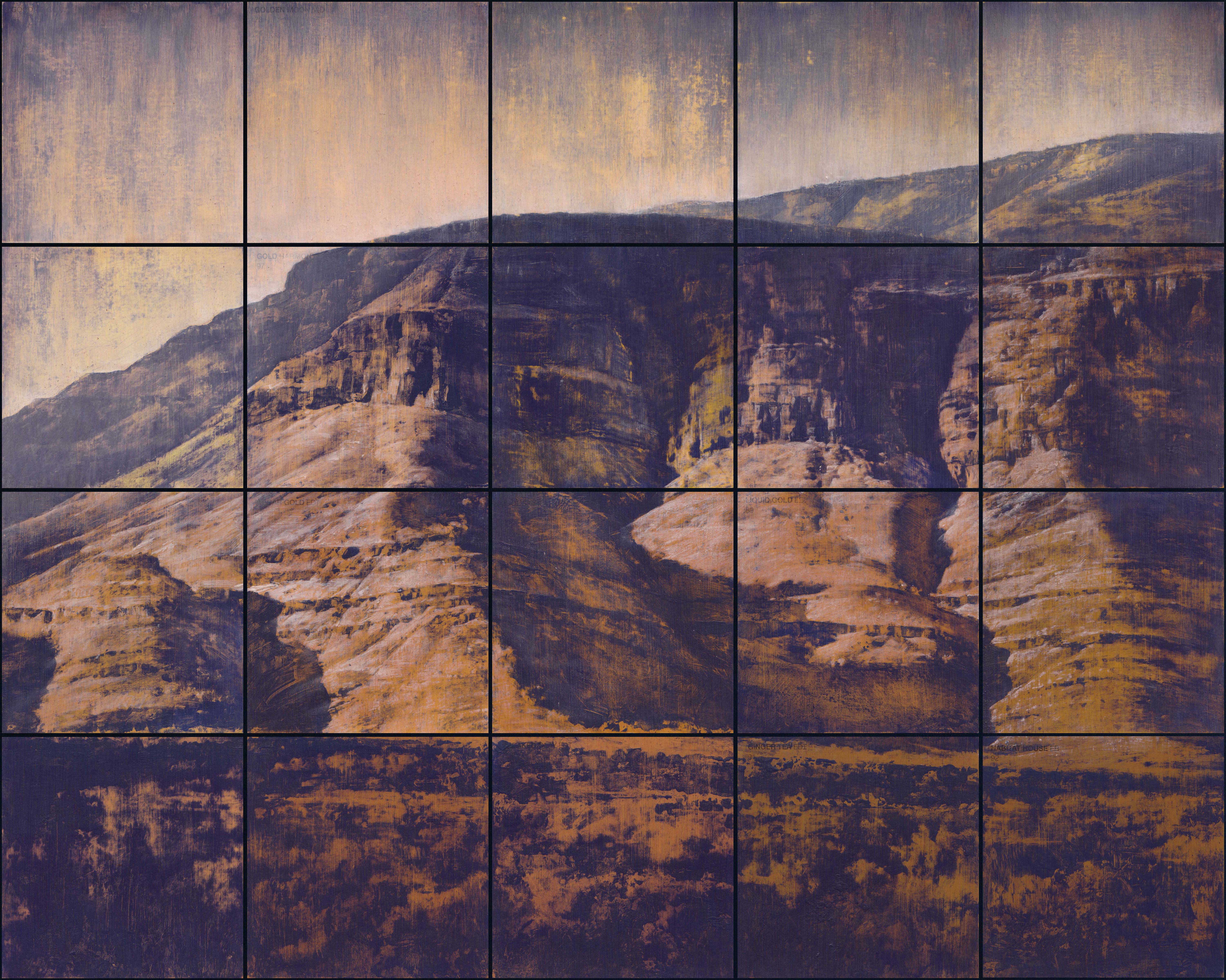 Tony Windberg, Golden State 4 (detail, panel 1), 2021, pencil, earth pigments, acrylic binders and oil on 20 paint sample cards on board, 40.6 x 50.8 x 3.8cm (triptych)