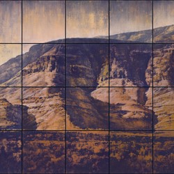 Tony Windberg, Golden State 4 (detail, panel 1), 2021, pencil, earth pigments, acrylic binders and oil on 20 paint sample cards on board, 40.6 x 50.8 x 3.8cm (triptych)