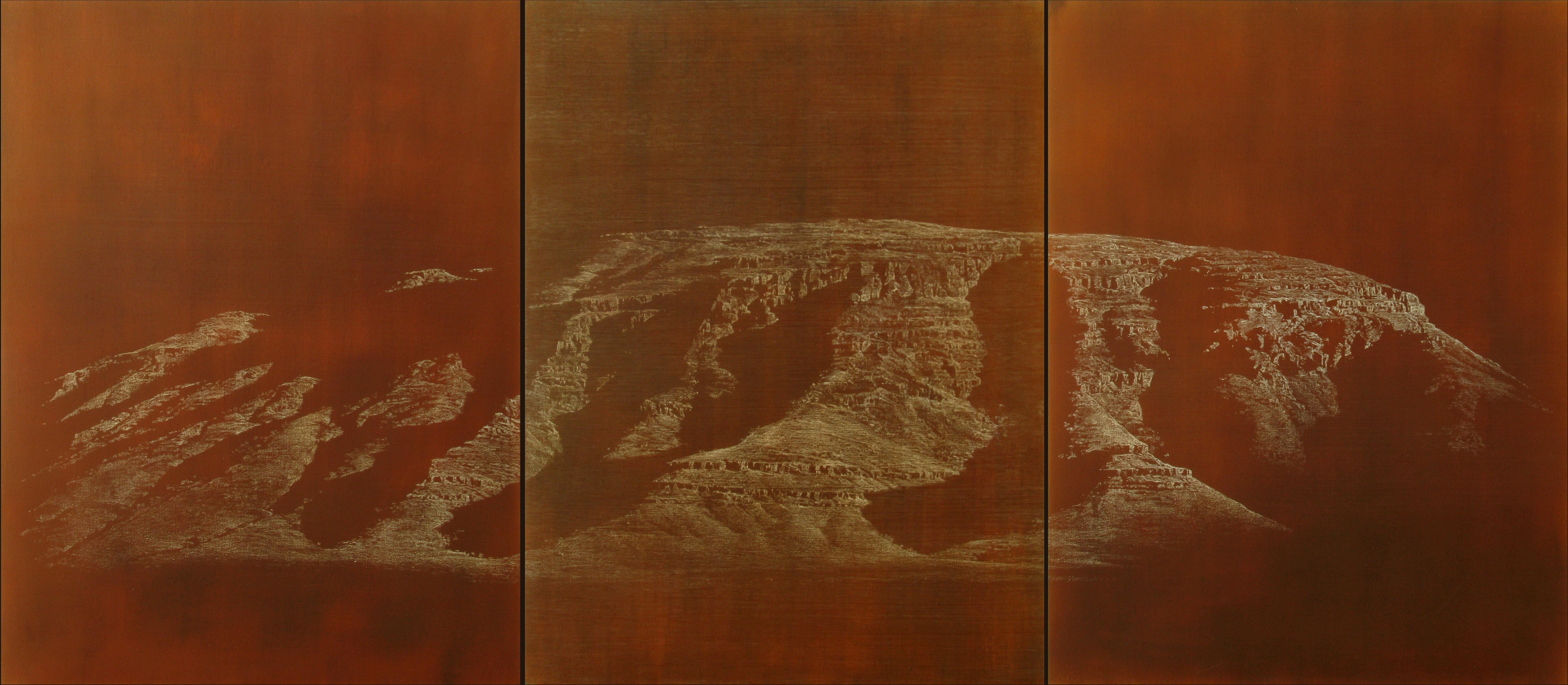 Tony Windberg, Golden State 5, 2021, pencil, earth pigments, acrylic binders on wood panel, 60 x 137cm (triptych)