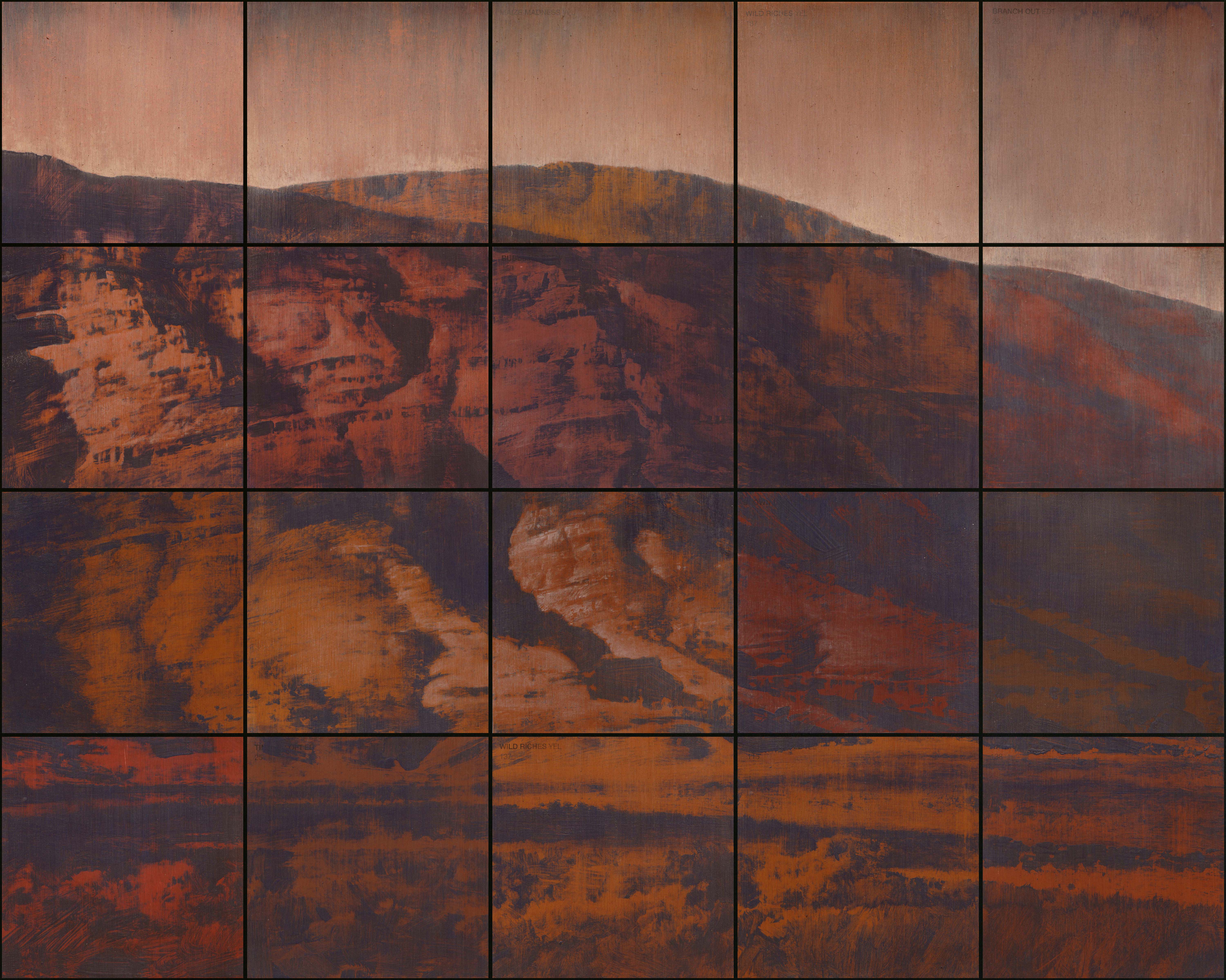 Tony Windberg, Golden State 4 (detail, panel 3), 2021, pencil, earth pigments, acrylic binders and oil on 20 paint sample cards on board, 40.6 x 50.8 x 3.8cm (triptych)