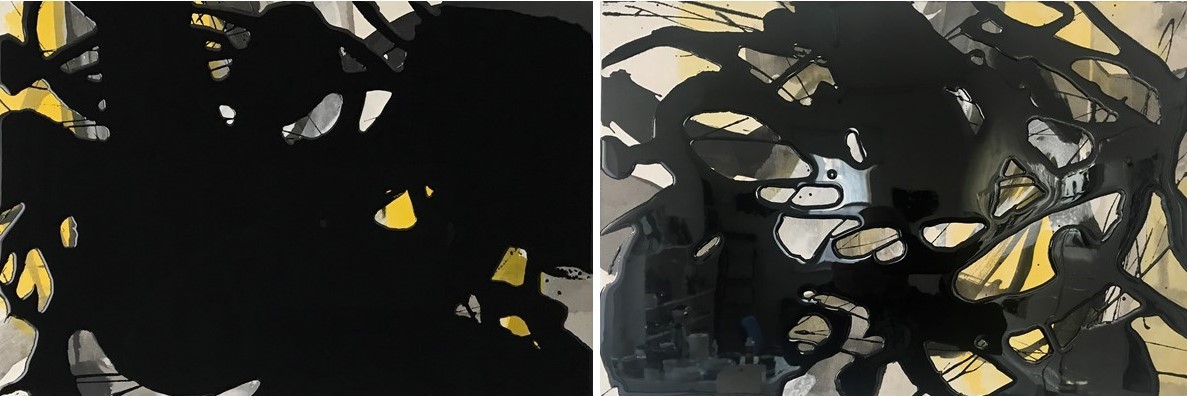 Chris Hopewell, Blast 2 and Blast 3, 2020, acrylic and resin on board, 38 x 57cm each