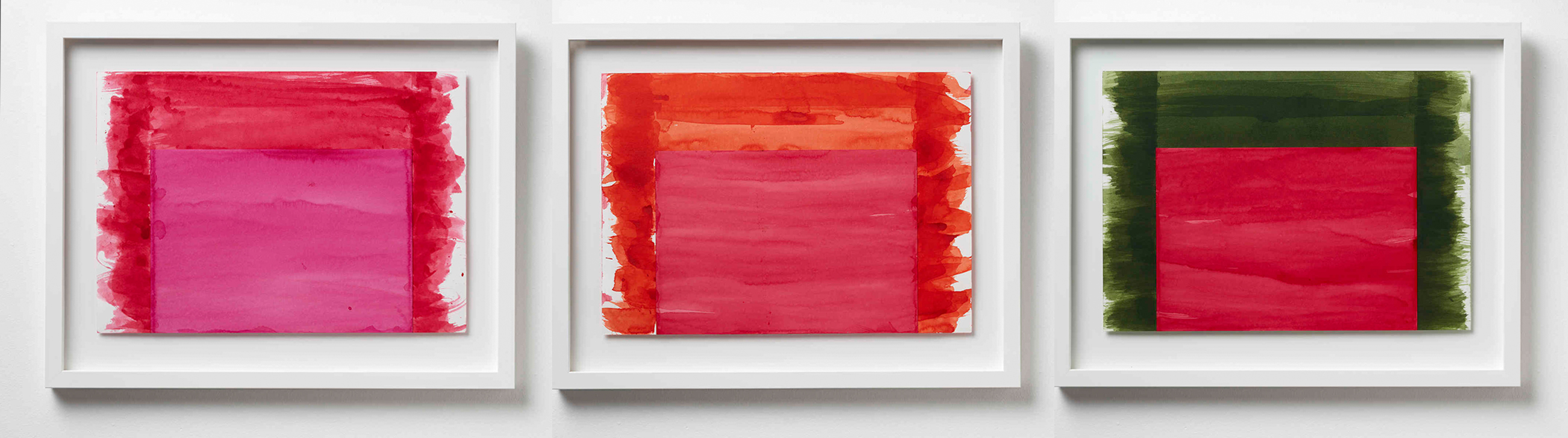 Jurek Wybraniec, R on O A3, M on R A3, R on G A3, pigmented acrylic ink on 300gsm watercolour paper, 41.5 x 53cm each (3)