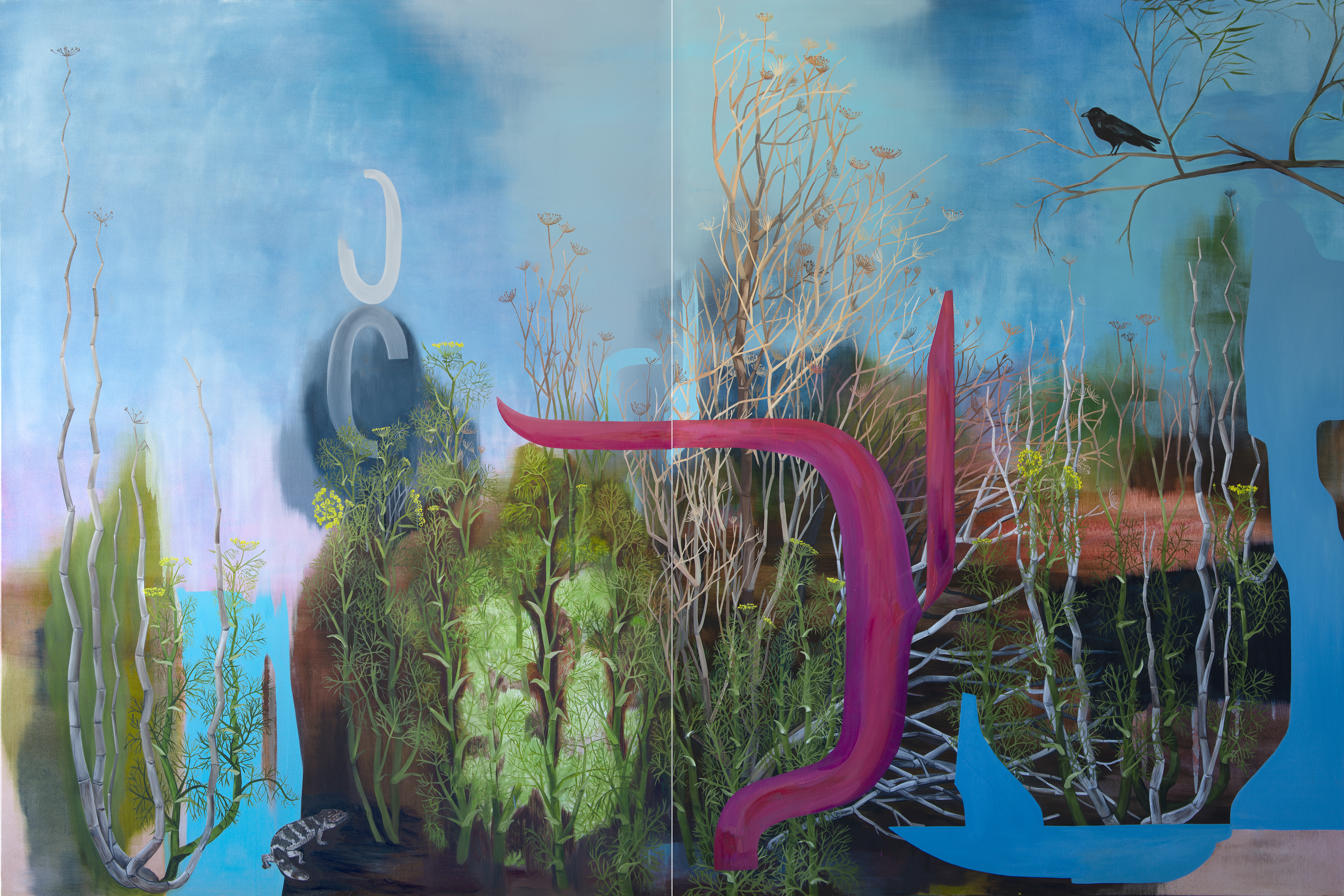 Jo Darbyshire, Bluetongue, Fennel and Crow (Covid), 2021, oil on canvas, 260 x 400cm (diptych)