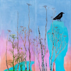 Jo Darbyshire, Sunset, Fennel and Crow, 2021, oil on canvas, 200 x 80cm (each, diptych)