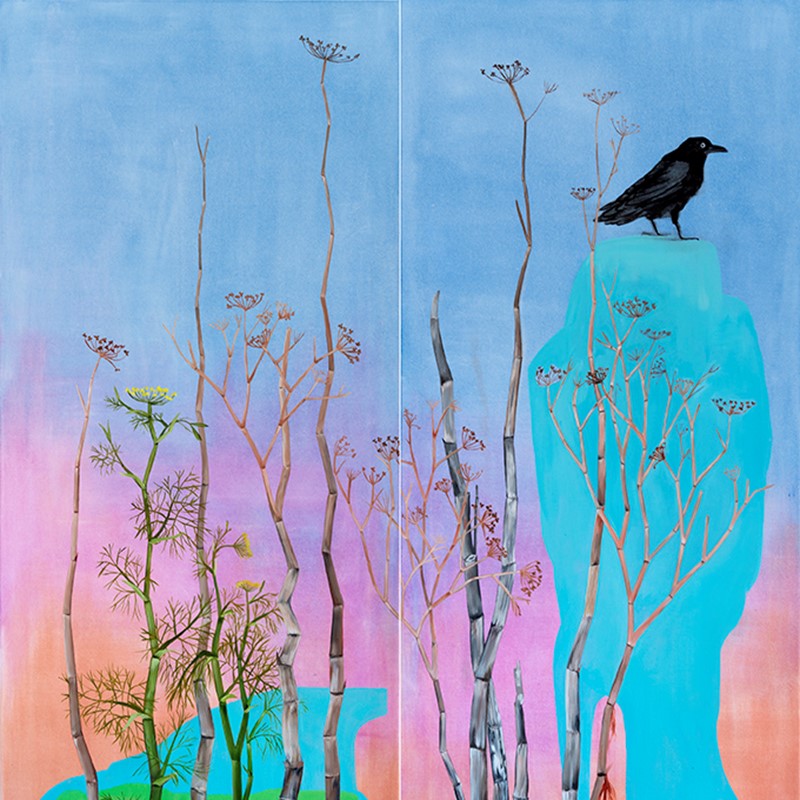 Jo Darbyshire, Sunset, Fennel and Crow (detail), 2021, oil on canvas, 200 x 80cm (each, diptych)