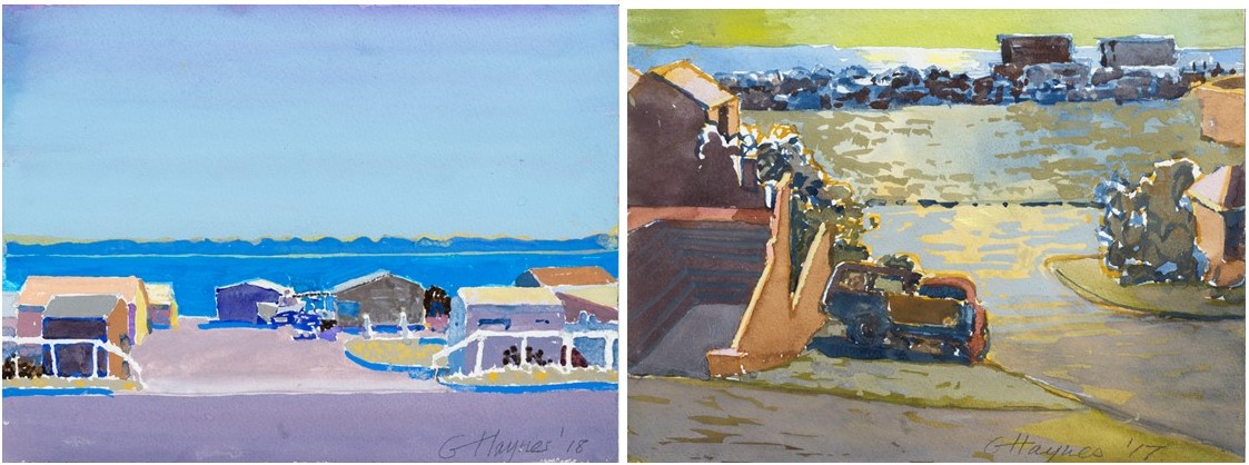 George Haynes, Shacks II and New Developments I, goauche on paper, 23 x 31cm each