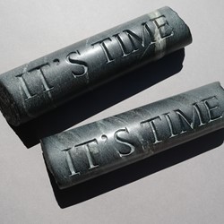 Lee Harrop, It's Time I and It's Time II, 2021, hand engraved geological core sample (from the Goldfields, Yilgarn Craton WA), 22 x 4.7cm, 1kg and 19.5 x 14.7, 1kg.jpeg