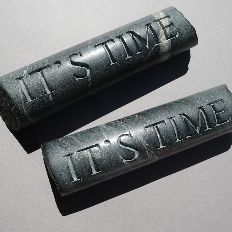 Lee Harrop, It's Time I and It's Time II, 2021, hand engraved geological core sample (from the Goldfields, Yilgarn Craton WA), 22 x 4.7cm, 1kg and 19.5 x 14.7, 1kg