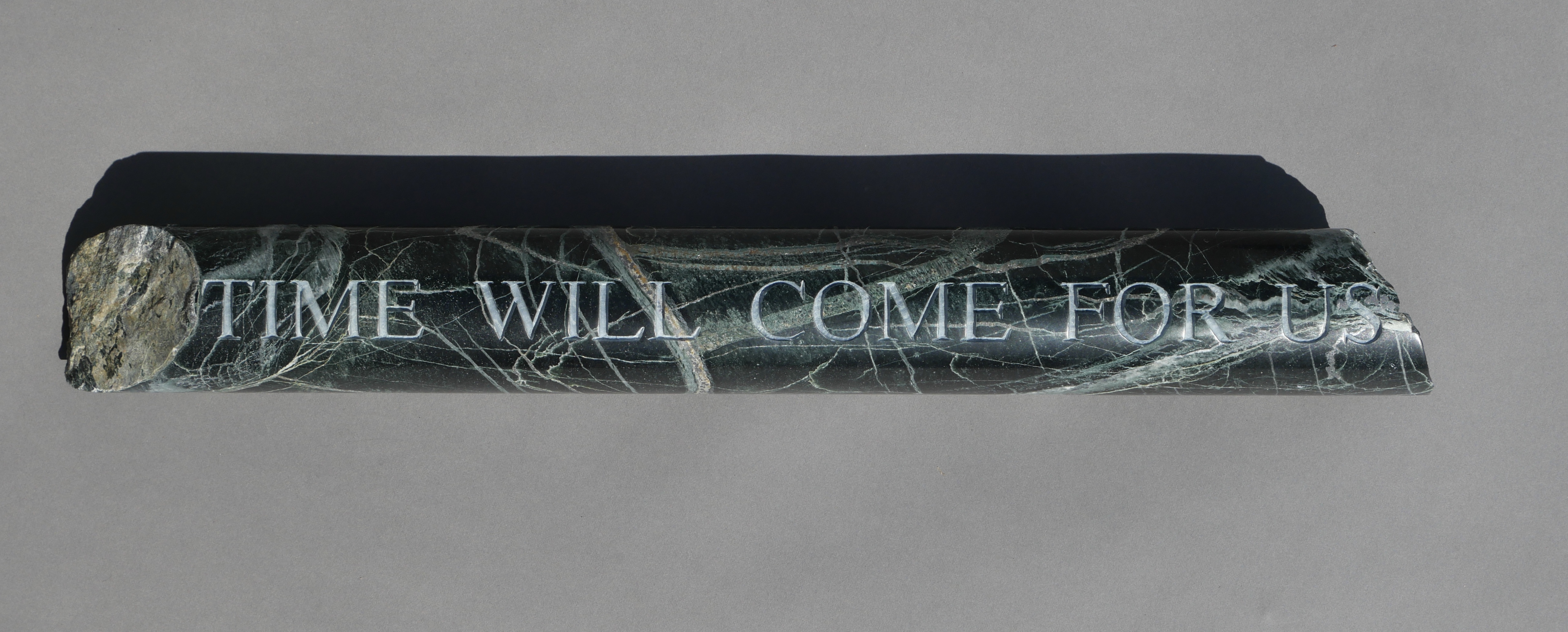 Lee Harrop, Time Will Come for Us II, 2020, hand-engraved geological core sample from the Goldfield, Yilgarn Craton WA, 52 x 6cm, 4kg