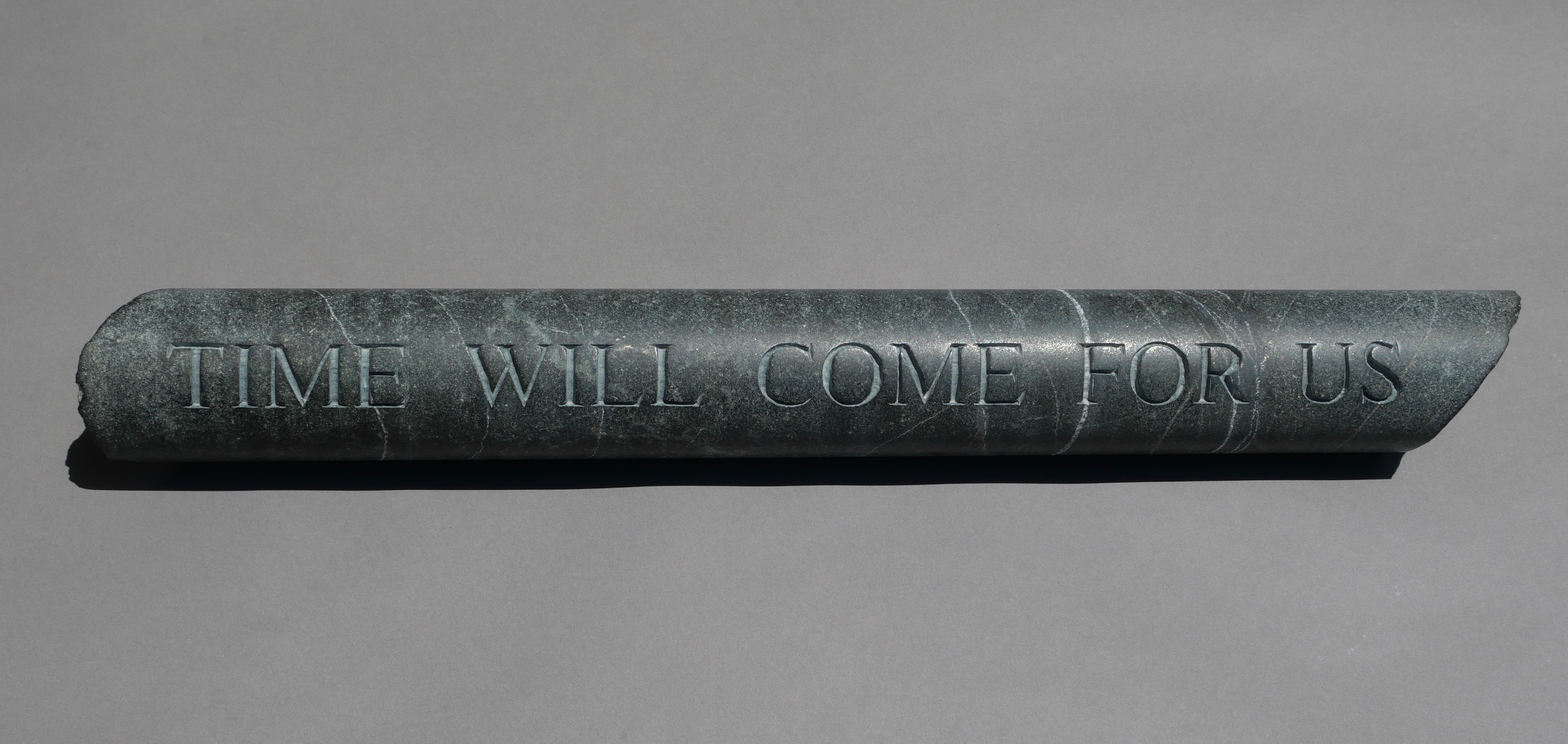 Lee Harrop, Time Will Come for Us I, 2020, hand-engraved geological core sample from the Goldfield, Yilgarn Craton WA, 52 x 6cm, 4kg
