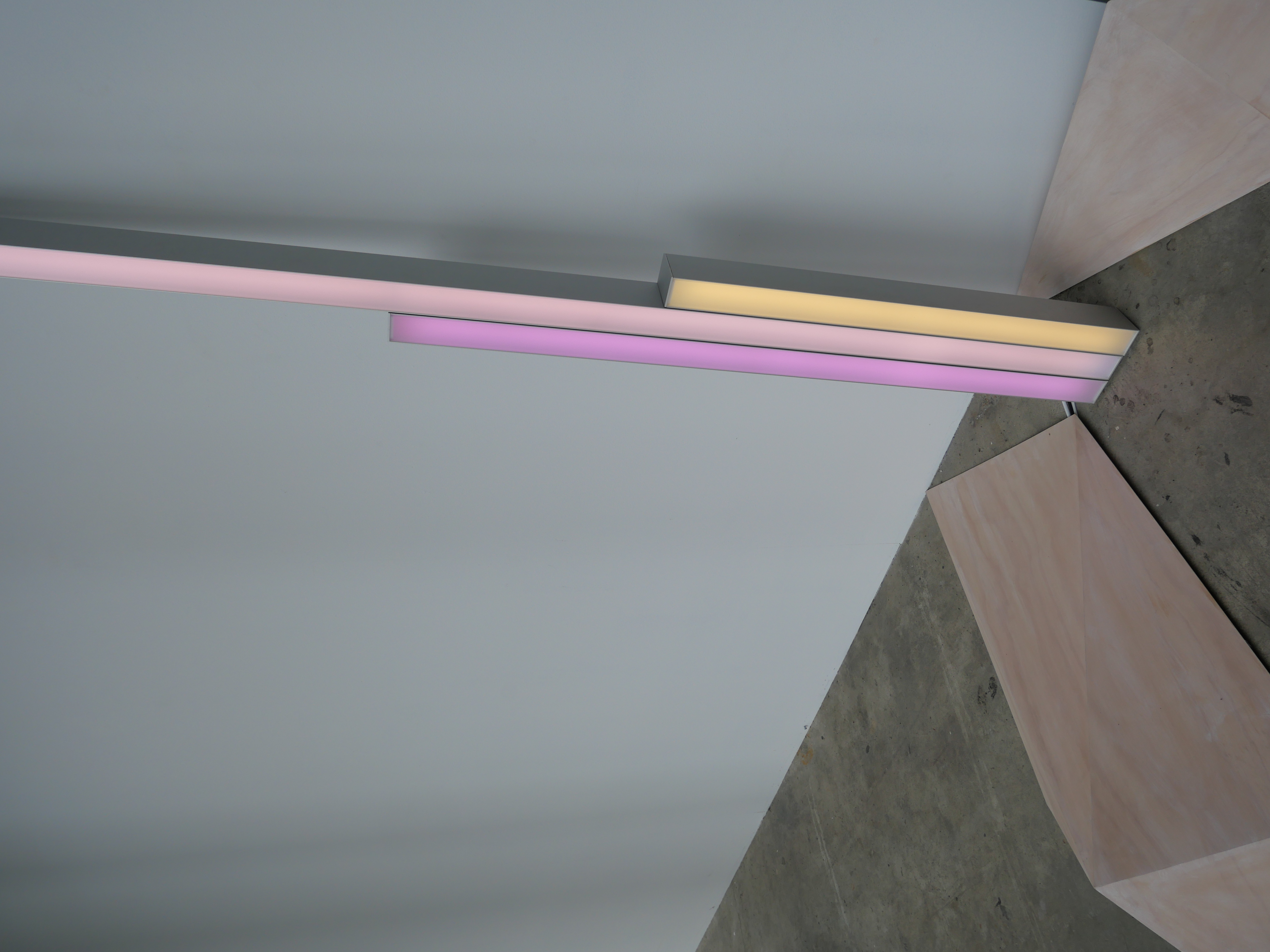 Jon Tarry, Lumenate, 2021, handmade glass and nobel gas lights and aluminium, 3 pieces, dimensions variable