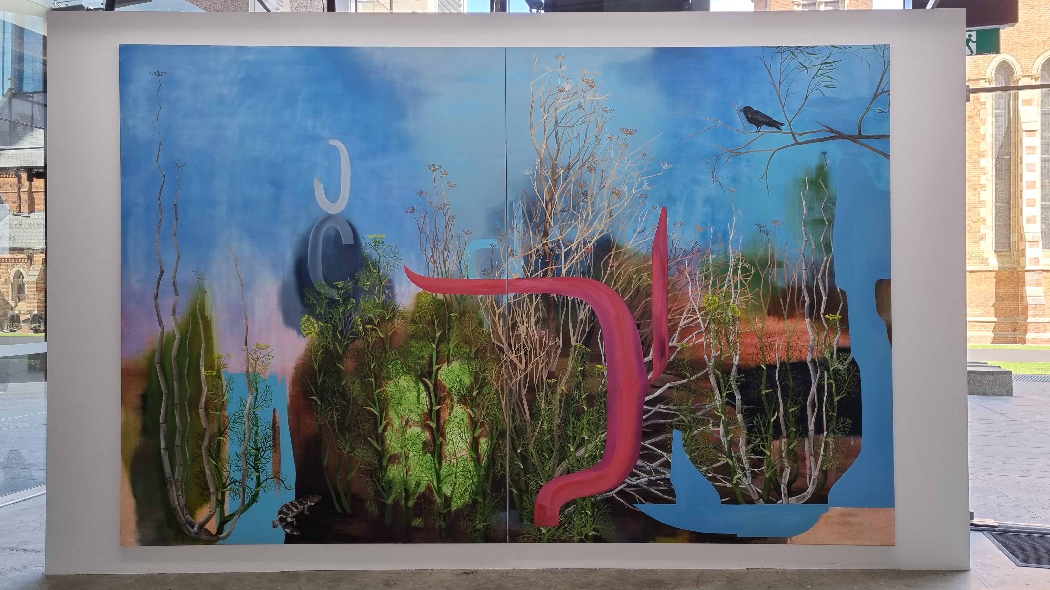 Jo Darbyshire, Bluetongue, Fennel and Crow (Covid) 2021, oil on canvas, 260 x 400cm (diptych). Photo Suzi Wild