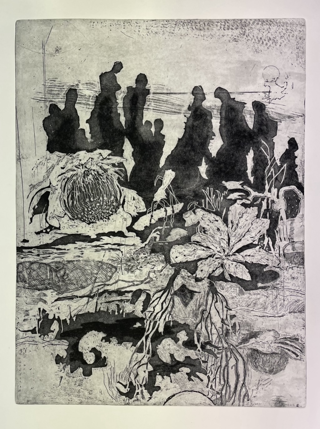 Antony Muia, The Cave (Mimesis II) 2021, etching on paper, 80 x 60cm, ed. 9