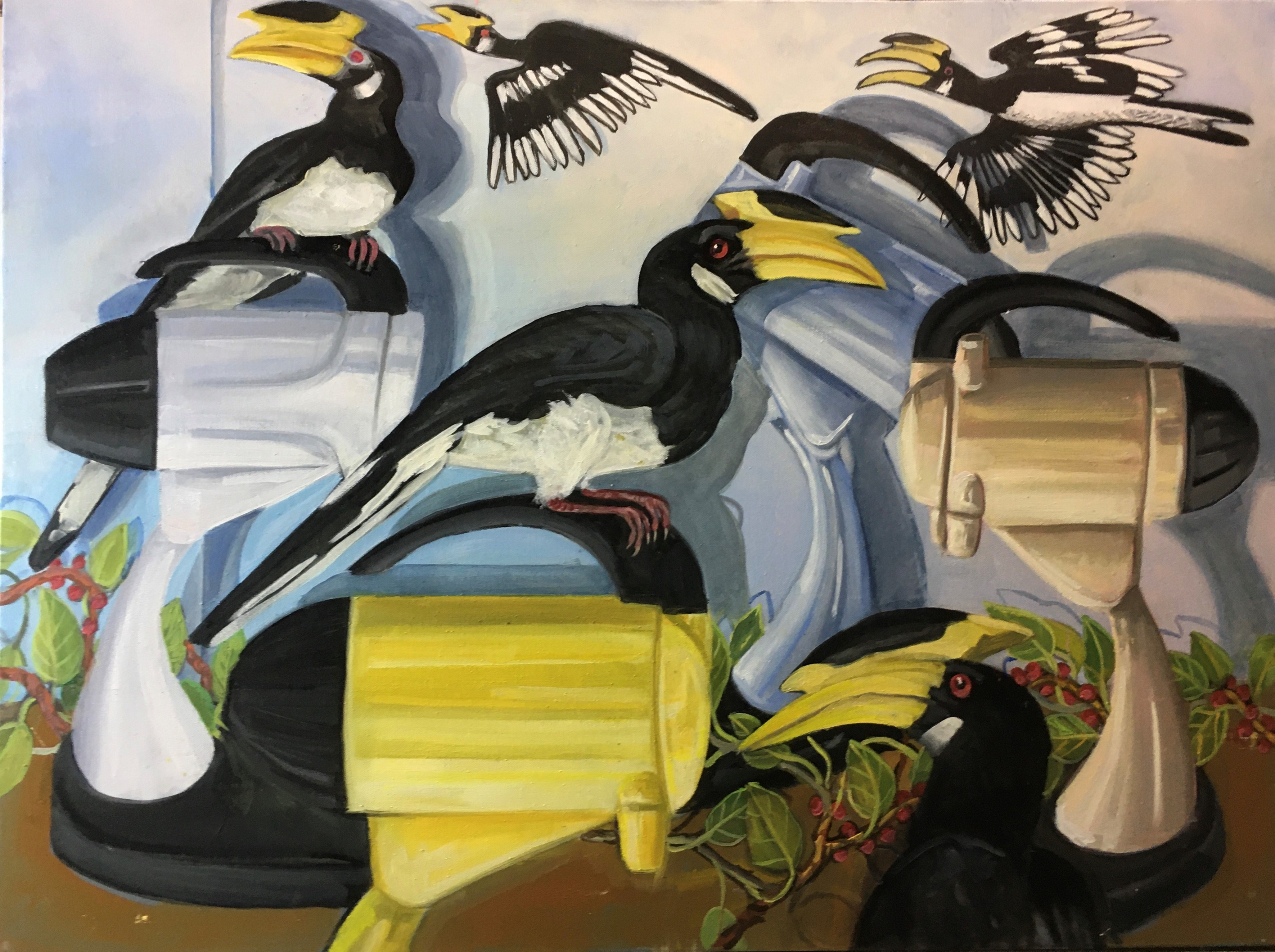 Judith Forrest, Hornbills Three Ways, 2021, oil on canvas, 76 x 102cm