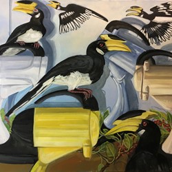 Judith Forrest, Hornbills Three Ways, 2021, oil on canvas, 76 x 102cm