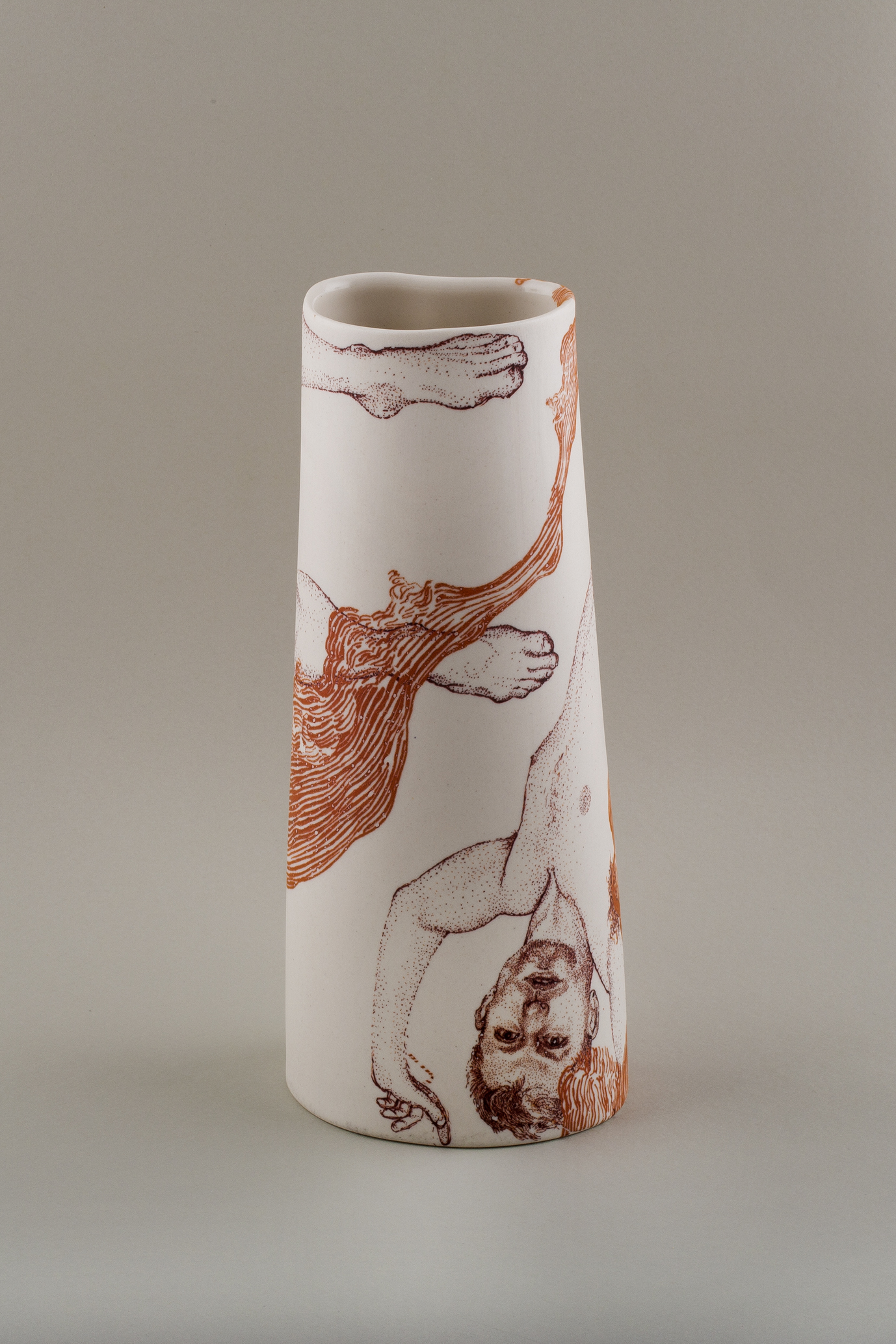 Andrew Nicholls and Sandra Black, Mercurial Vase, 2021, slipcast midfire porcelain wiht clear glaze and decal, 21.8 x 8.7 x 7cm